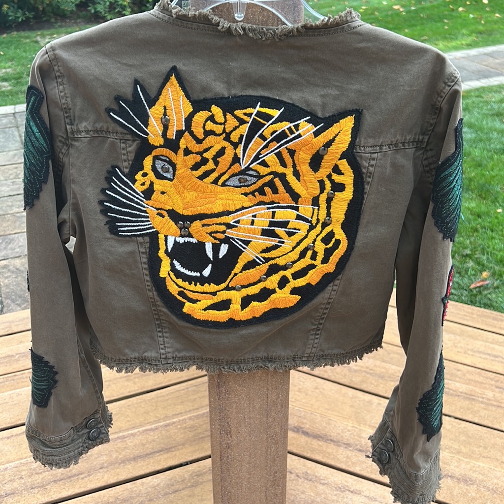 Cinq Sept Olive Green Embroidered Tiger Jacket